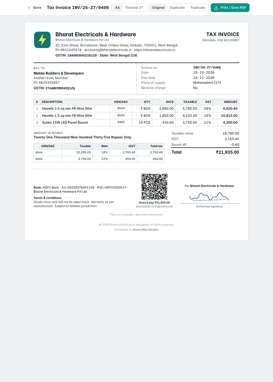 NextaBill A4 GST tax invoice with IGST and UPI QR code