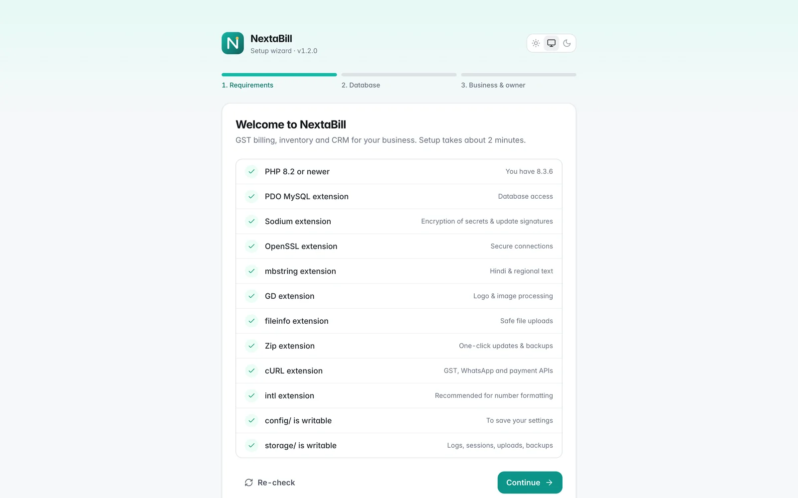 NextaBill web installer, step 1: server requirements check