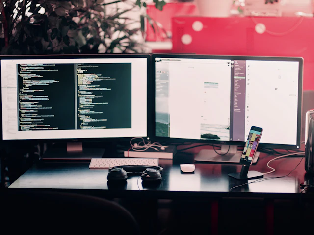 Two monitors on a desk running server dashboards