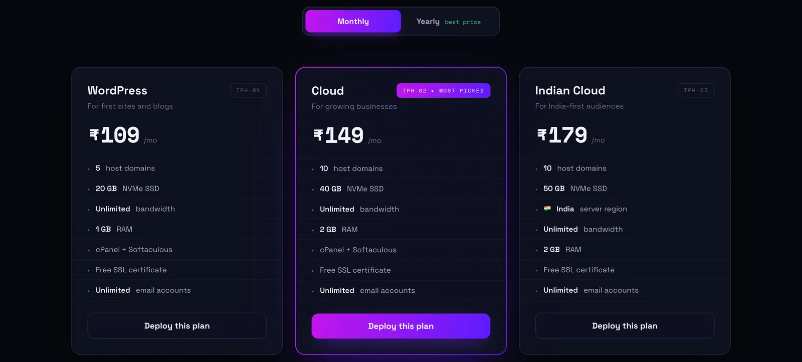 The PowerHost hosting plans: WordPress, Cloud and Indian Cloud