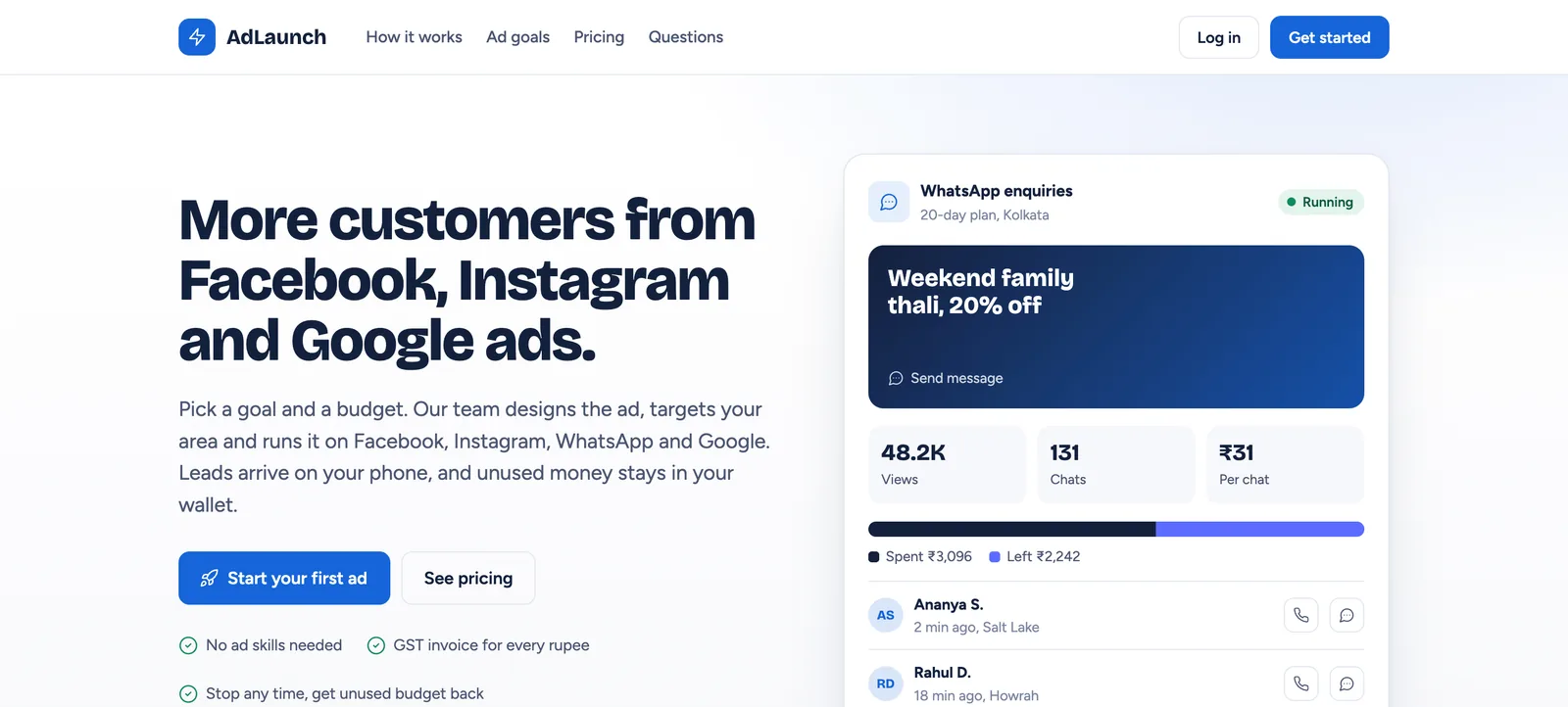 AdLaunch home page for Facebook, Instagram and Google ads