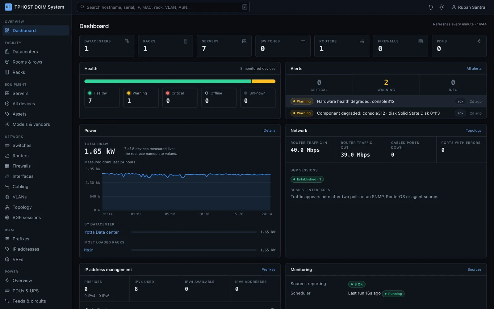 DCIM dashboard with racks, servers, power draw, alerts and network traffic