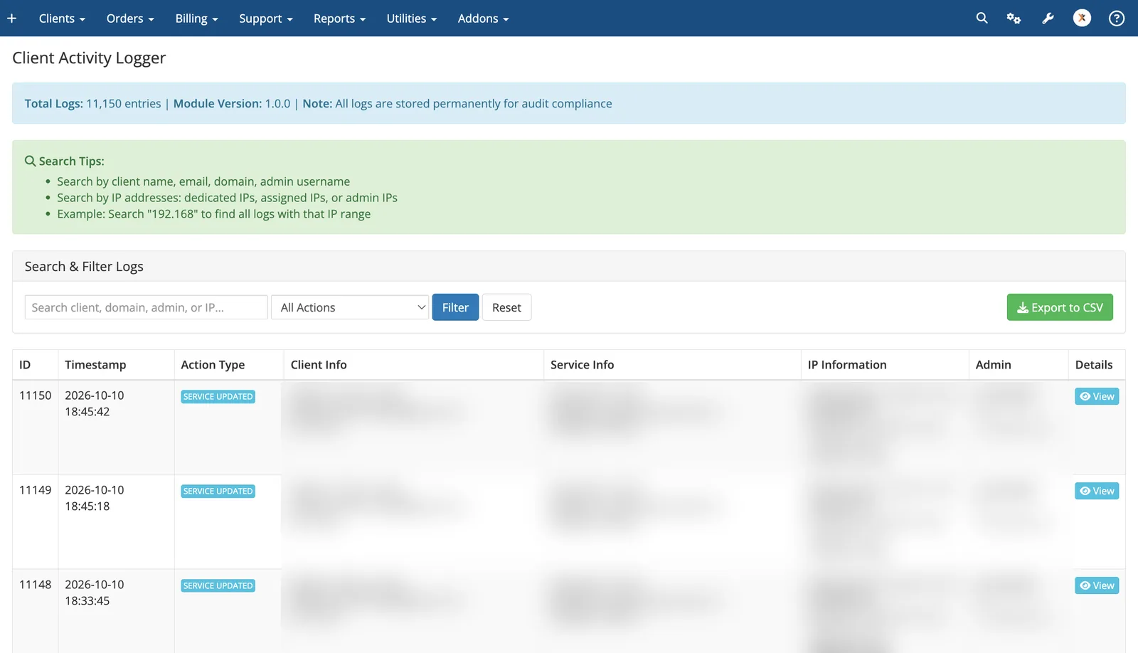 WHMCS Client Activity Logger listing service changes with filters and CSV export