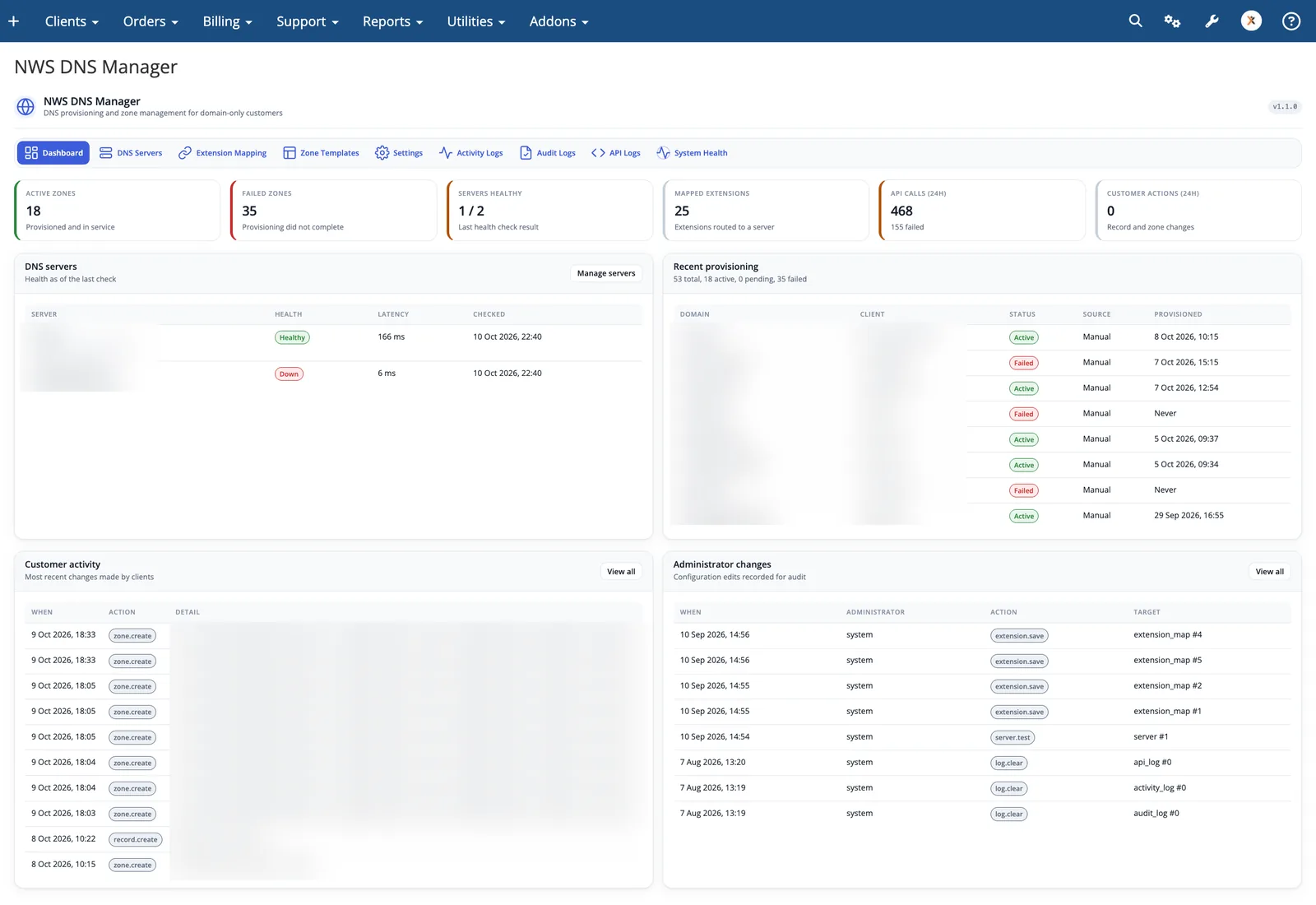 WHMCS DNS manager dashboard with zones, server health and extension mapping