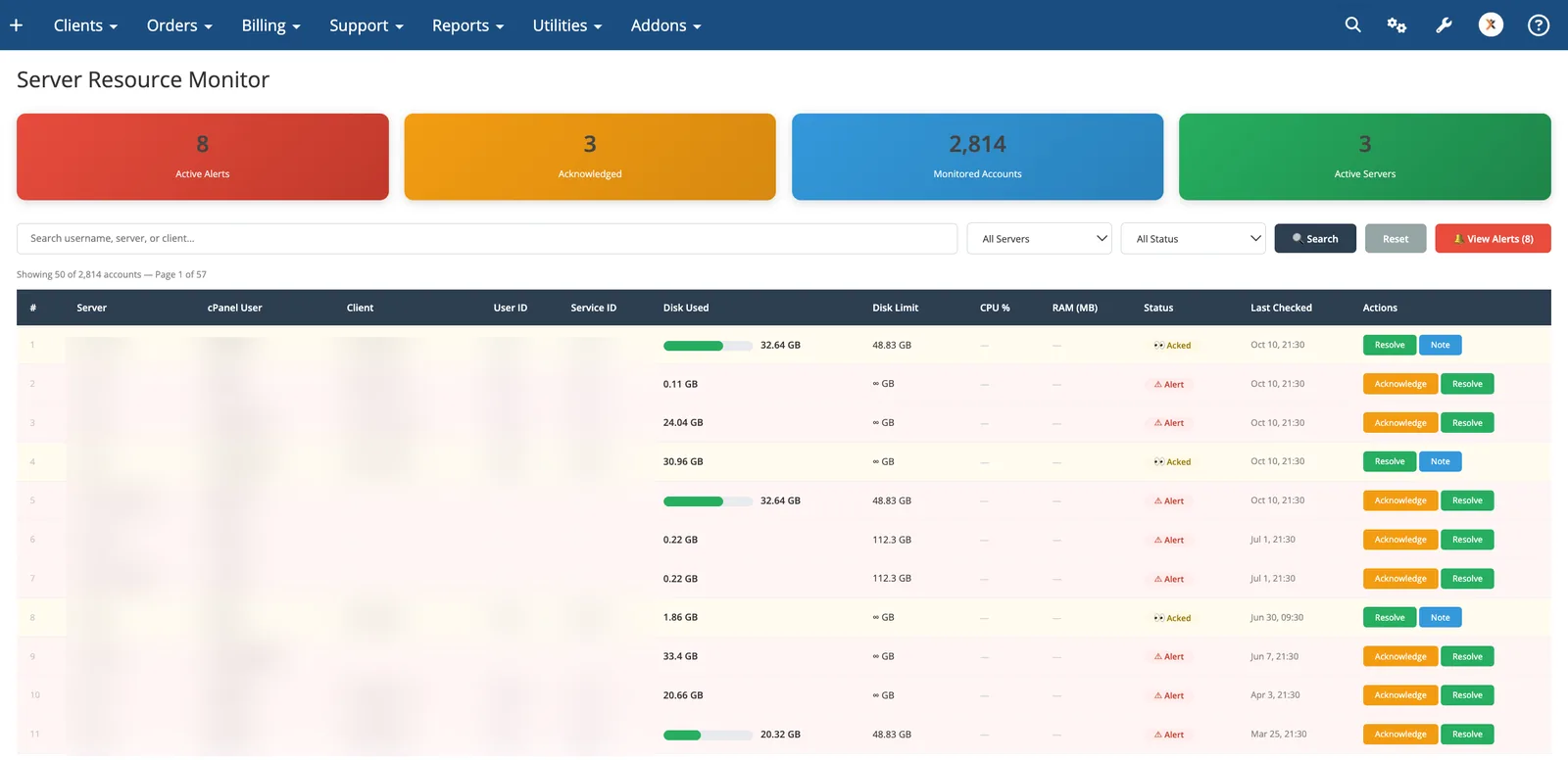 WHMCS Server Resource Monitor with alerts and disk use per cPanel account